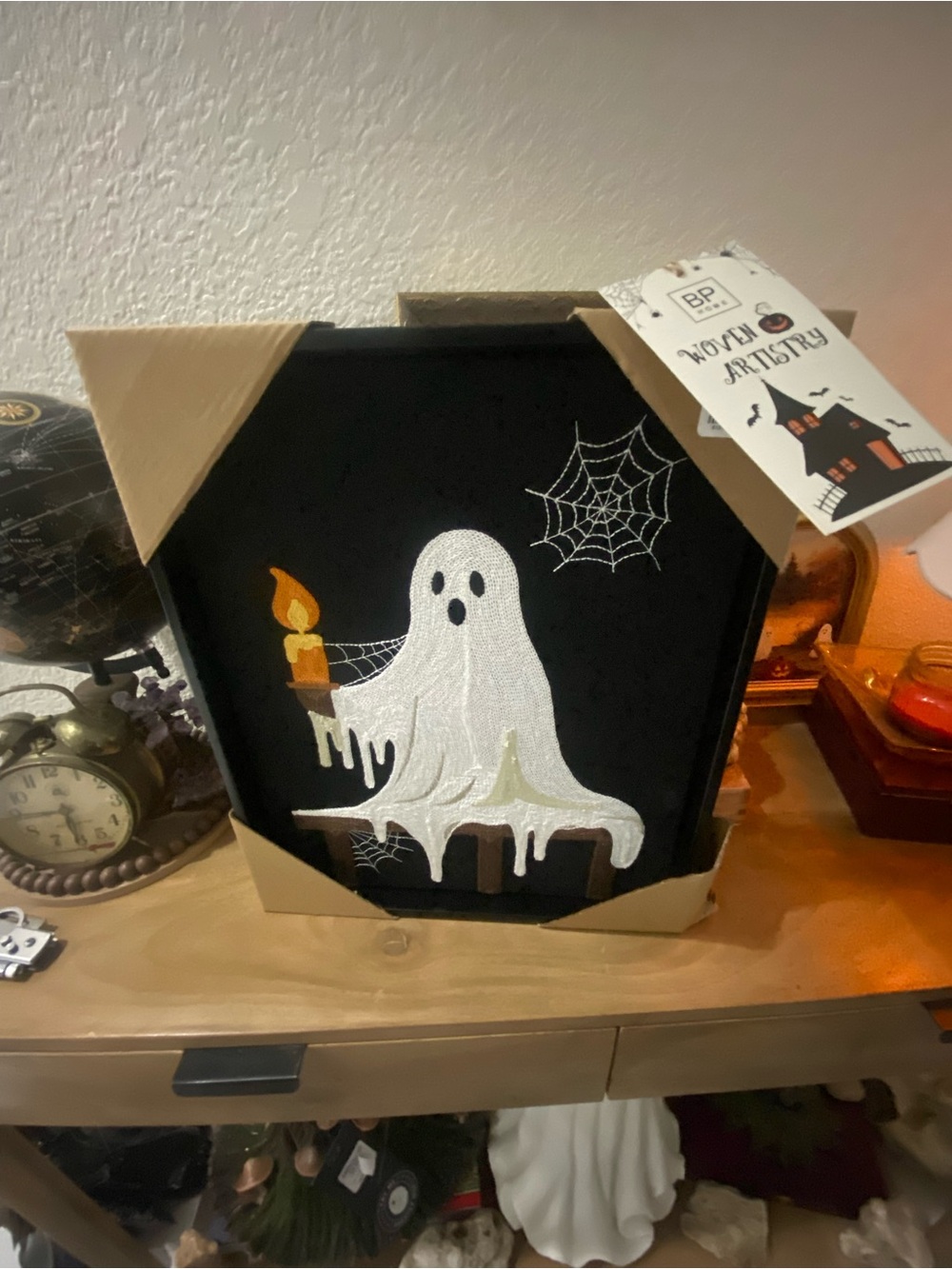 Ghost Candle Embroidered Wall Art - White & Black with Orange Accents